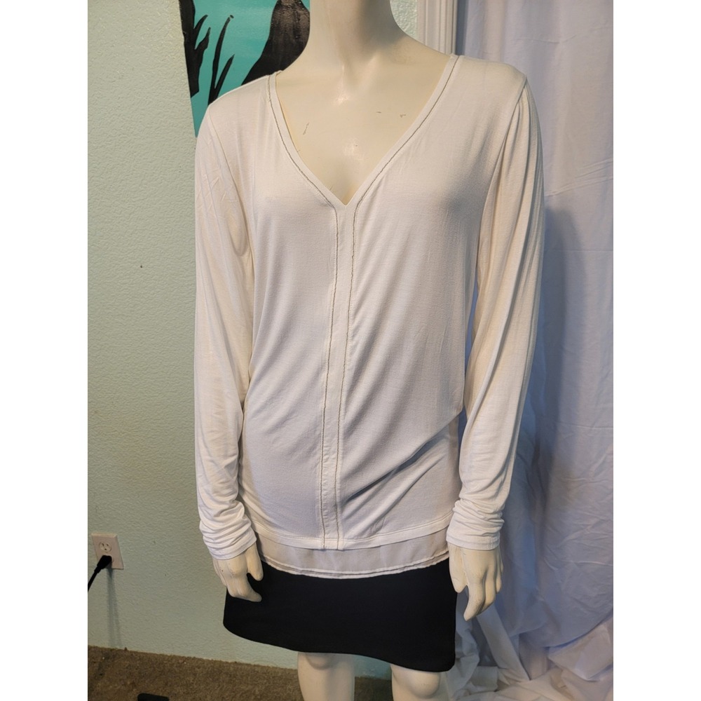 White House Black Market Long Sleeve Silver Bead Trim Blouse Long‎ Length Large - Picture 6 of 11